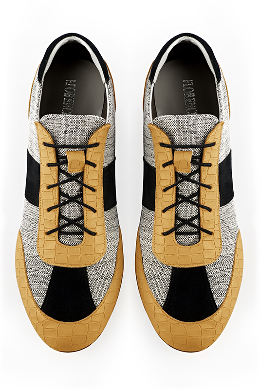 Mustard yellow, ash grey and matt black three-tone dress sneakers for men. Round toe. Flat rubber soles. Top view - Florence KOOIJMAN
